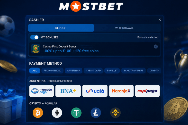 Captura de pantalla del depósito y métodos de pago de Mostbet Casino